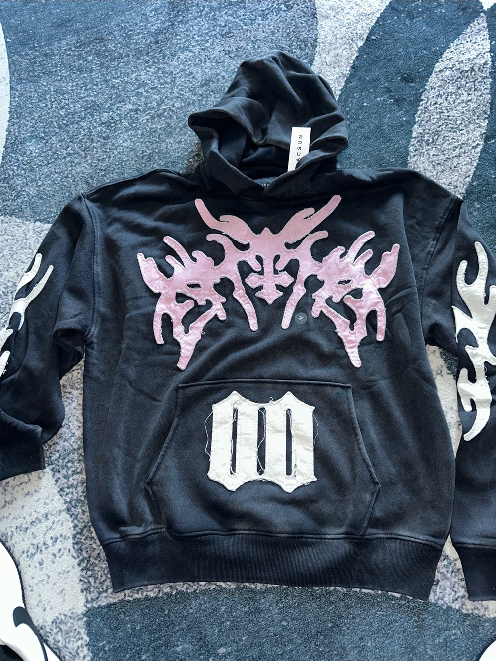 PacSun Black Hoodie Sweatshirt with Pink Tribal Graphic and White Sleeve Accents